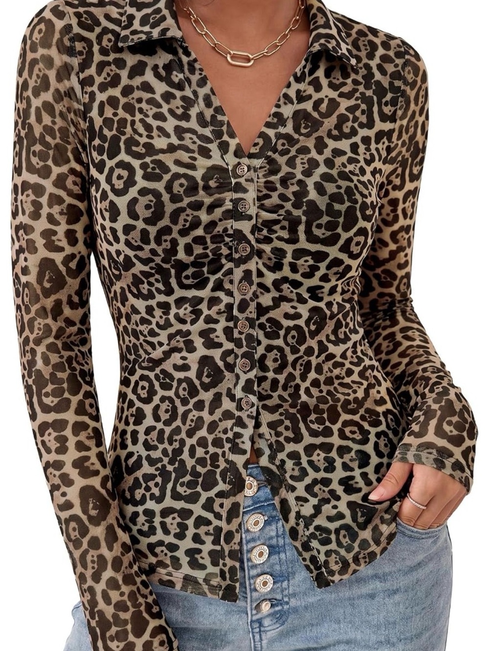 Leopard Print Long-Sleeve Button-Up Top - Brown
